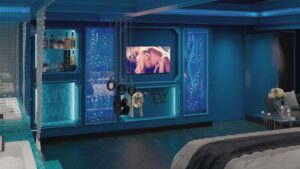 pokój z telewizorem i barkiem, błękitne ściany, ozdobne maski