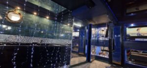 pokój z wanną i huśtawką, białe lampki zwisające z sufitu