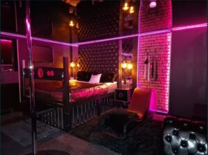 pokój z łóżkiem i leżanką, rura do poledance