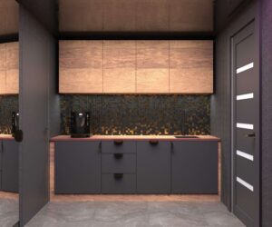 nowoczesny aneks kuchenny w brązowo-szarej kolorystyce