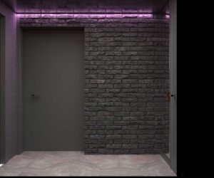 szare drzwi i ceglasta szara ściana