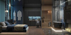 pokój z sauną i aneksem kuchennym, wanna wolnostojąca